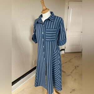 Vanessa Zani Blue & White Striped Button-Front Shirt Dress | Medium